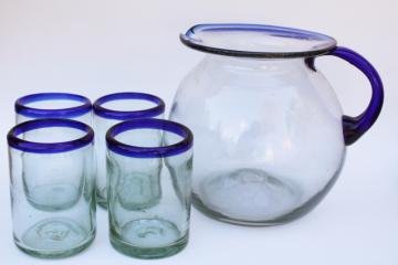 vintage Mexico hand blown glass pitcher & drinking glasses w/ cobalt blue trim 