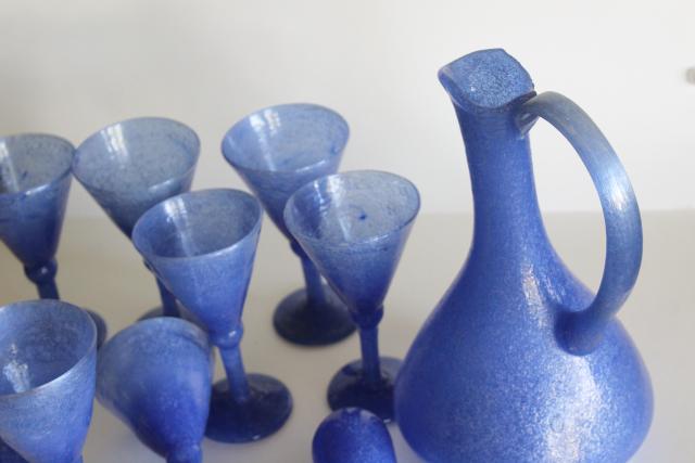 vintage Mexico hand blown glass wine glasses & decanter bottle, smoky dusk blue opaque glass
