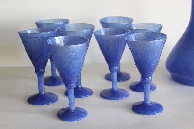 vintage Mexico hand blown glass wine glasses & decanter bottle, smoky dusk blue opaque glass