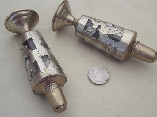vintage Mexico hand tooled metalwork shakers set, nickel silver over brass 