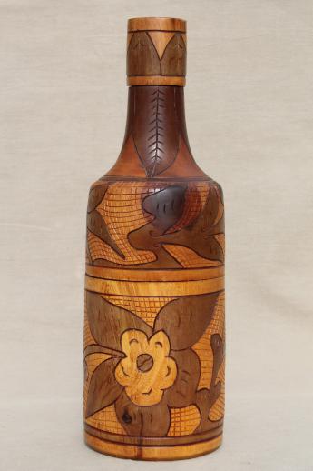 vintage Mexico hand-carved wood wine bottle carrier case / carafe