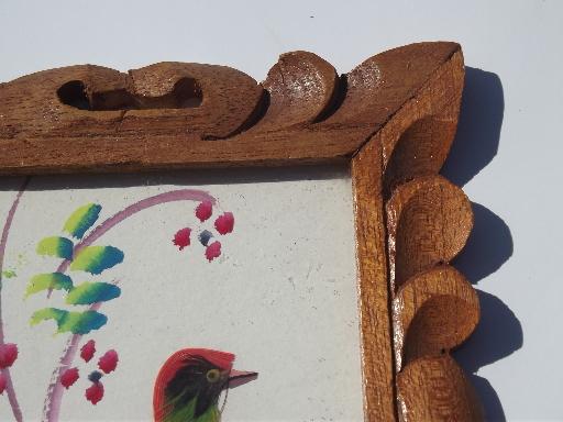vintage Mexico hand-painted feather birds pictures in carved wood frames