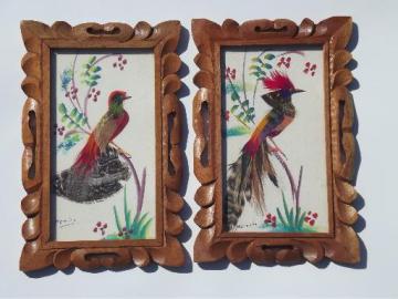 vintage Mexico hand-painted feather birds pictures in carved wood frames