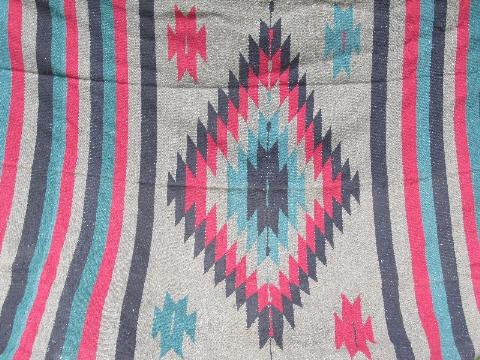 vintage Mexico huge handwoven Indian blanket rug, red/green/black/brown