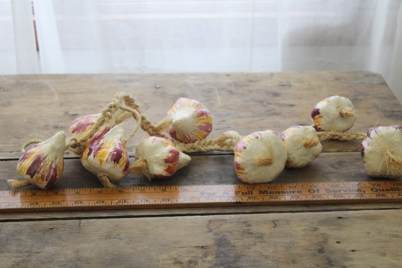 vintage Mexico paper mache, string of garlic bulbs hanging rope rustic kitchen decor