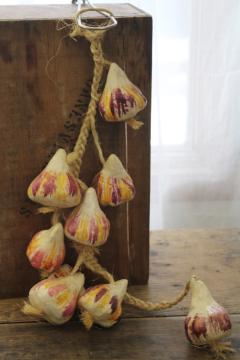 vintage Mexico paper mache, string of garlic bulbs hanging rope rustic kitchen decor