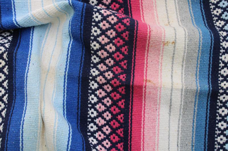 vintage Mexico woven blanket, pink & blue stripes w/ fringe, trippy hippie drug rug decor