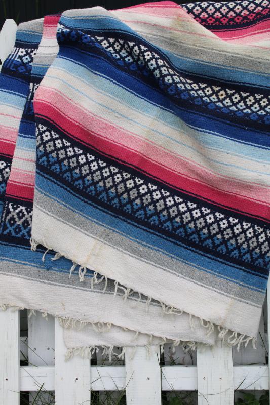 vintage Mexico woven blanket, pink & blue stripes w/ fringe, trippy hippie drug rug decor