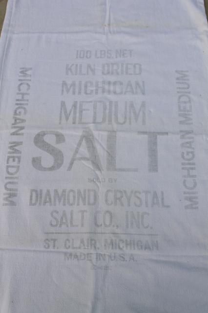 vintage Michigan Diamond salt sacks, primitive printed cotton sack fabric feed bags