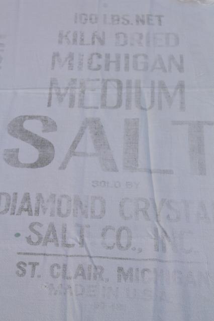 vintage Michigan Diamond salt sacks, primitive printed cotton sack fabric feed bags
