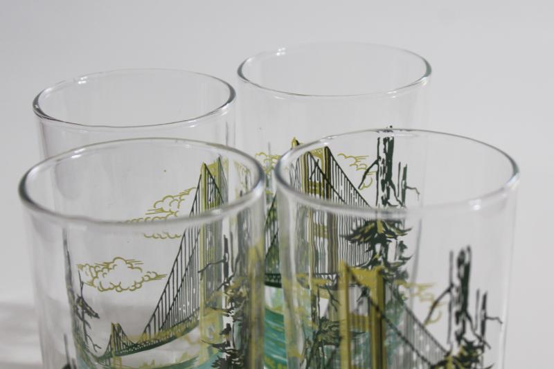vintage Michigan souvenir drinking glasses, Mackinac Island bridge print tumblers