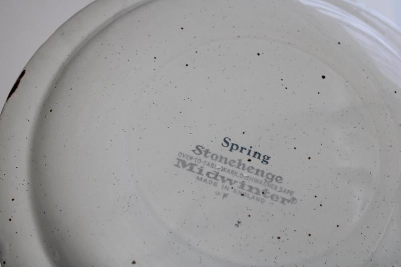 vintage Midwinter Stonehenge stoneware pottery dinner plates, Spring blue flowers