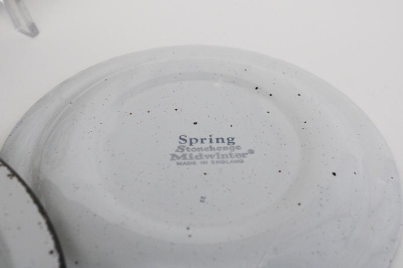 vintage Midwinter Stonehenge stoneware pottery salad plates, Spring blue flowers