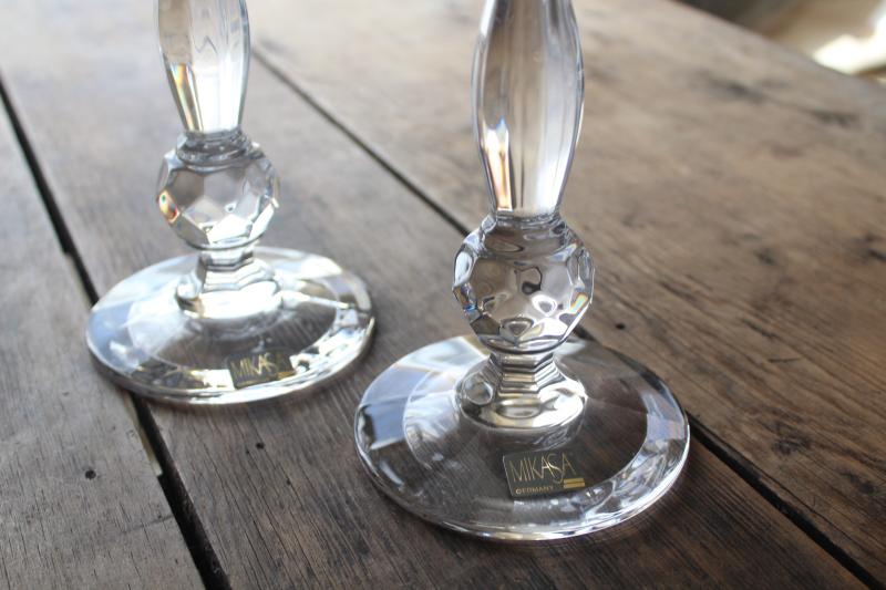 vintage Mikasa crystal pair of tall candlesticks, faceted ball stem candle holders