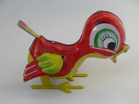 vintage Mikuni - Japan red baby bird tin litho print wind-up toy