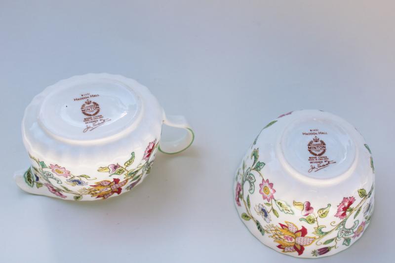 vintage Minton Haddon Hall china cream & sugar set, green trim floral