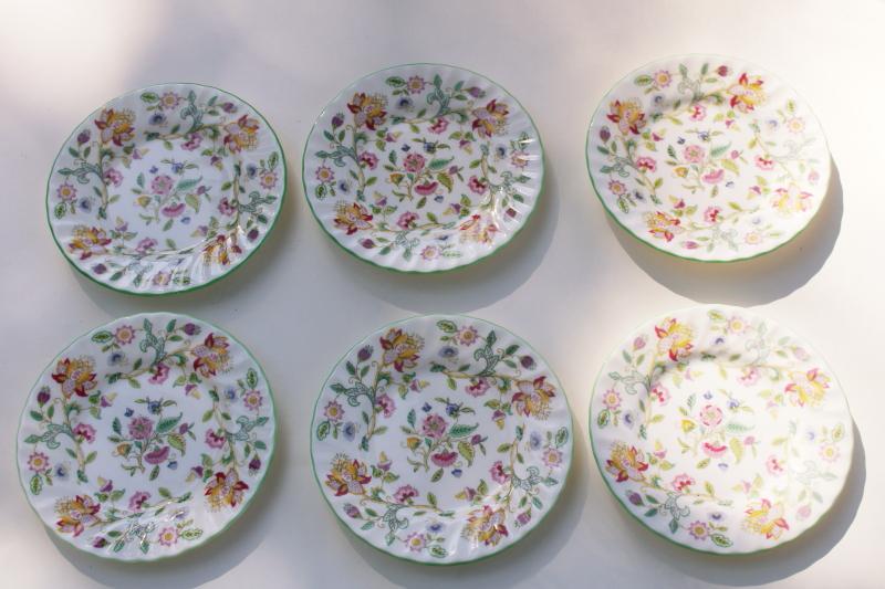 vintage Minton Haddon Hall china, green trim floral bread & butter plates set of 6