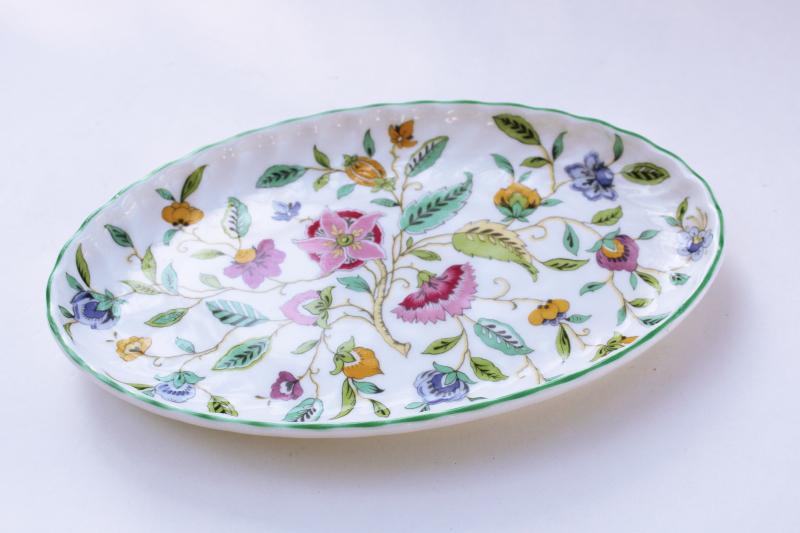 vintage Minton Haddon Hall china green trim floral, small oval tray or serving dish
