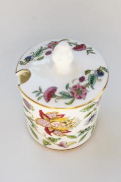vintage Minton Haddon Hall china mustard pot or jam jar, green trim floral