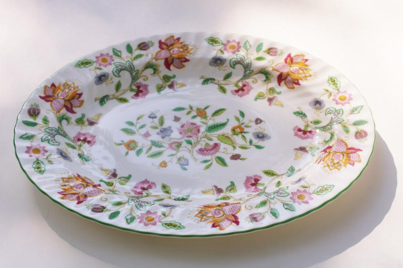 vintage Minton Haddon Hall china oval platter, multi-colored floral green trim