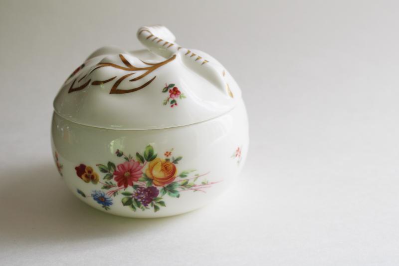 vintage Minton china apple shape jam pot, newer Marlow floral pattern