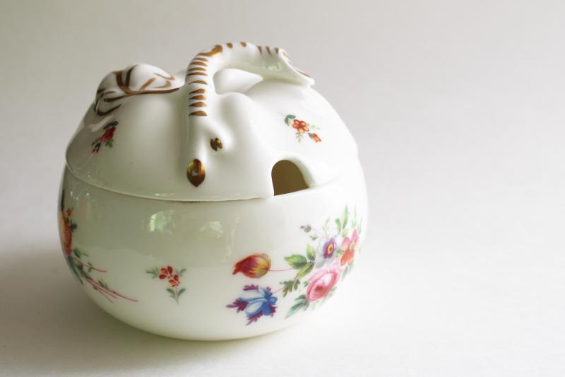 vintage Minton china apple shape jam pot, newer Marlow floral pattern