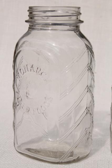vintage Monarch quart glass jars, hoosier style flat front pantry kitchen canisters