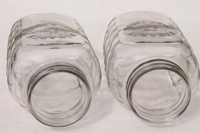 vintage Monarch quart glass jars, hoosier style flat front pantry kitchen canisters