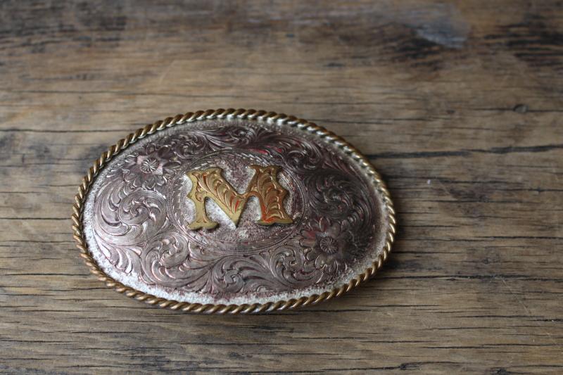 vintage Montana Silversmiths sterling over copper western belt buckle letter M monogram