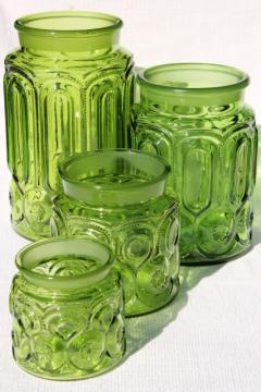 vintage Moon & Stars green glass canister jars, flour, sugar, coffee, tea canisters