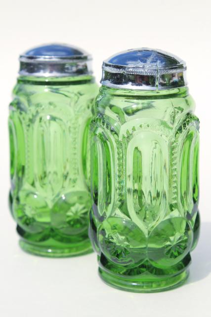 vintage Moon & Stars pattern glass salt and pepper shakers, green glass cruet