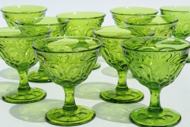 vintage Moon & Stars pattern green glass coupe champagne glasses or sherbet dishes