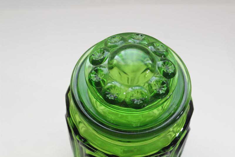 vintage Moon and Stars pattern green glass canister, good replacement jar w/ chipped lid