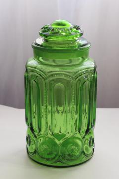 vintage Moon and Stars pattern green glass cookie jar or flour canister w/ lid