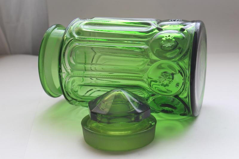vintage Moon and Stars pattern green glass cookie jar or large canister w/ lid