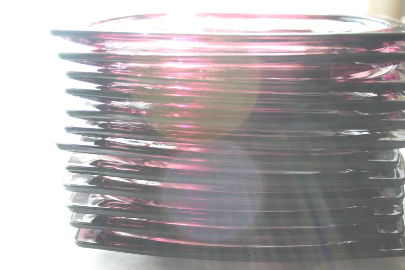 vintage Moroccan amethyst dishes for 12, plum colored glass luncheon plates, cups & saucers