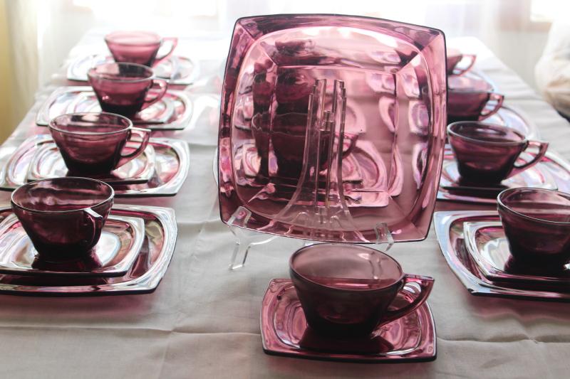 vintage Moroccan amethyst dishes for 12, plum colored glass luncheon plates, cups & saucers