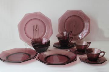 vintage Moroccan amethyst dishes set, plum purple glass luncheon plates, bowls, cups  saucers