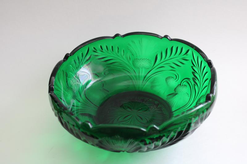 vintage Mosser inverted thistle pattern glass, large bowl dark emerald green glass