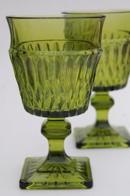 vintage Mt Vernon Indiana glass wine glasses water goblets, avocado green Mount Vernon