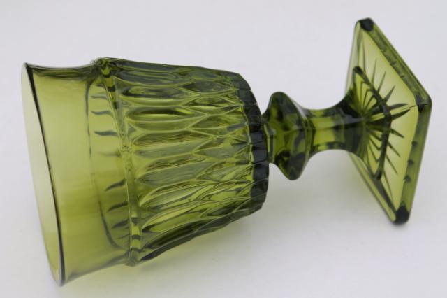 vintage Mt Vernon Indiana glass wine glasses water goblets, avocado green Mount Vernon