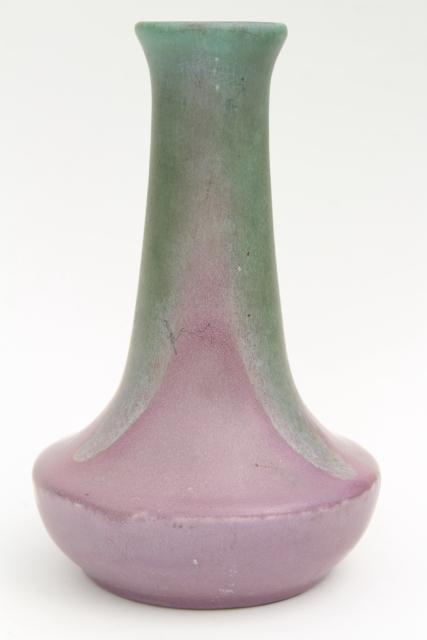 vintage Muncie art pottery vases, pink-purple w/ green drip matte glaze