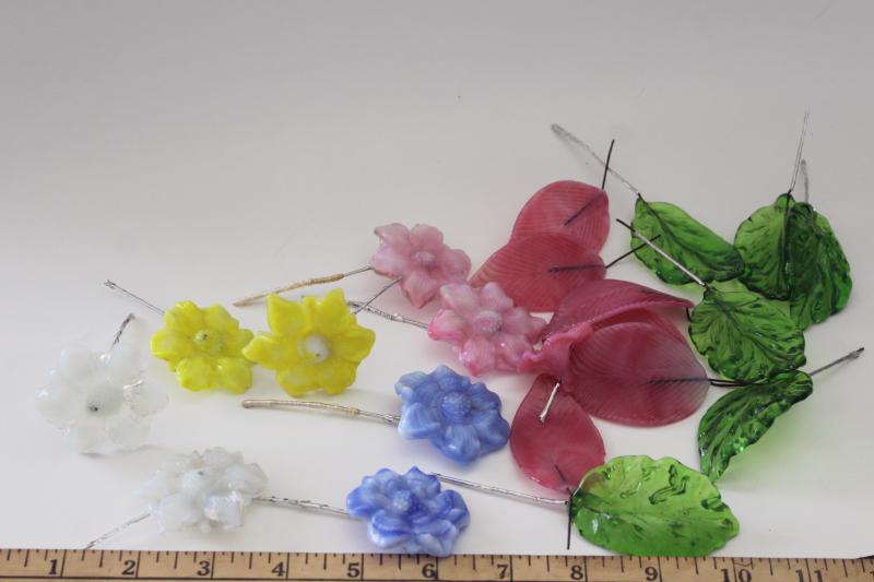 vintage Murano art glass flowers, flower petals and leaves w/ wire stems