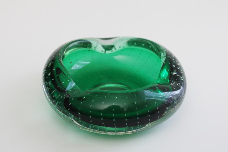 Vintage Murano Glass Ashtray Or Bowl Bullicante Bubbles Green Clear