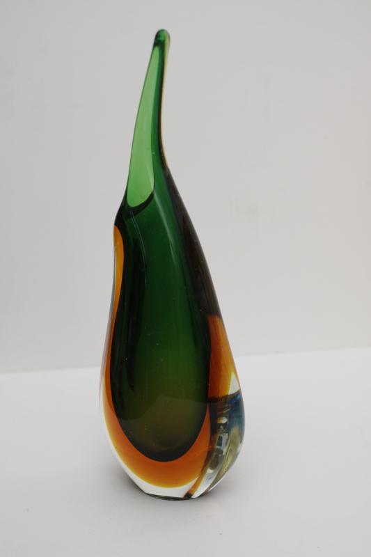 vintage Murano glass bud vase, sommerso clear green amber colored glass 