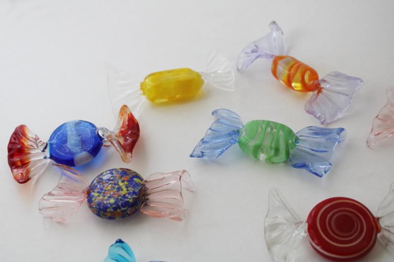 vintage Murano glass candy, hand blown art glass hard candies, stripes, confetti