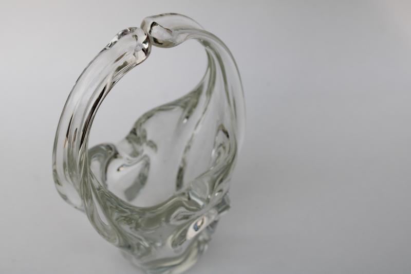 vintage Murano glass free form art glass basket, hand blown crystal clear glass