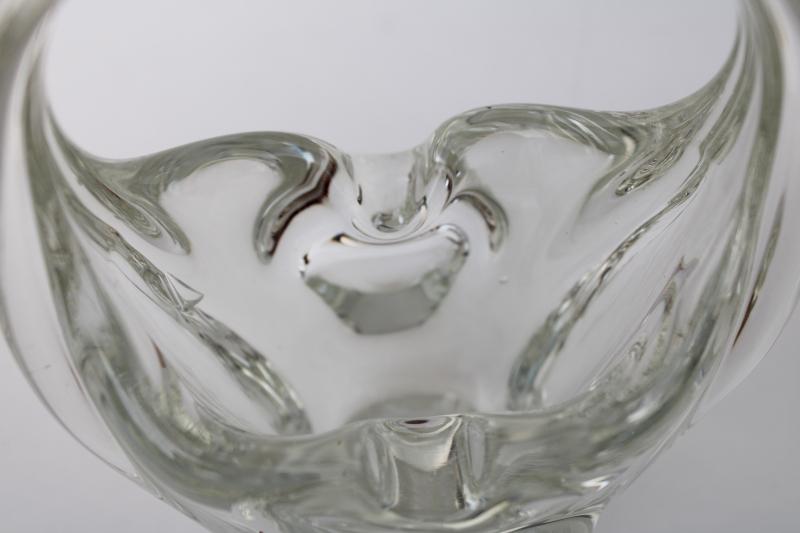 vintage Murano glass free form art glass basket, hand blown crystal clear glass