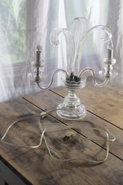 vintage Murano glass table lamp, crystal clear candelabra candle bulbs feather plumes