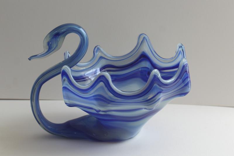 vintage Murano style Sooner? art glass swan, cobalt blue slag glass large bowl or planter